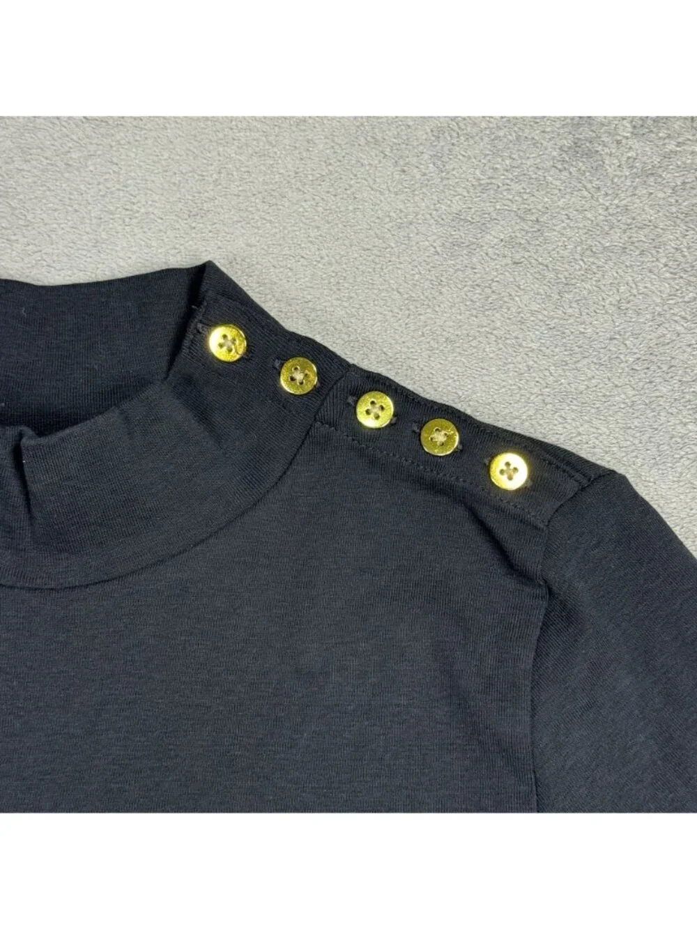 NWT J Crew Black Mockneck Shirt Gold Buttons Long Sleeve Top Quiet Luxury Cotton